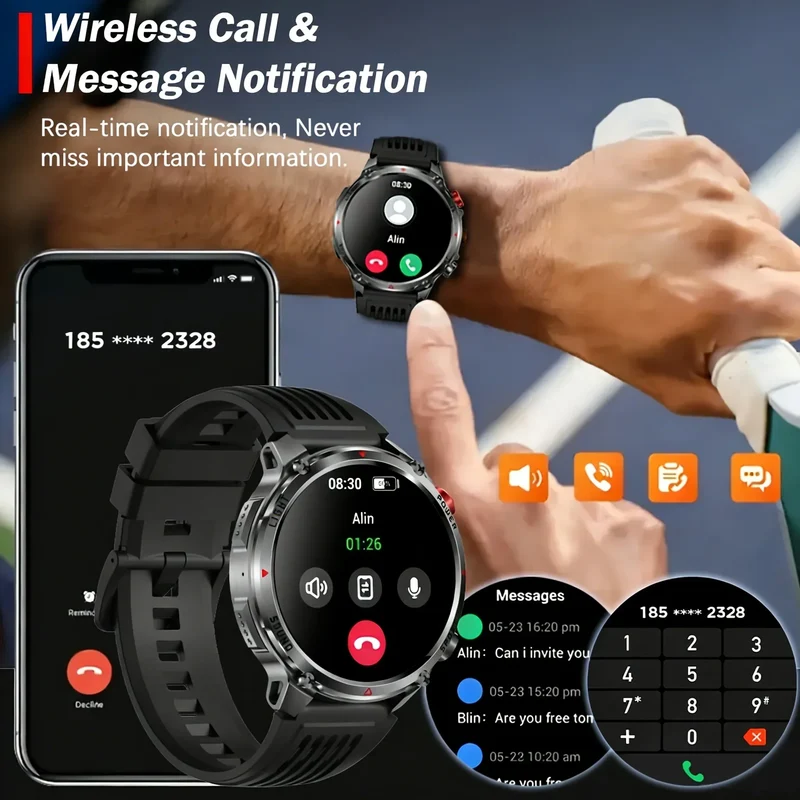 2026 Edition Military Outdoor Sports Smartwatch 1.7-inch AMOLED screen 1100 mAh battery LED flashlight Bluetooth call Waterproof
