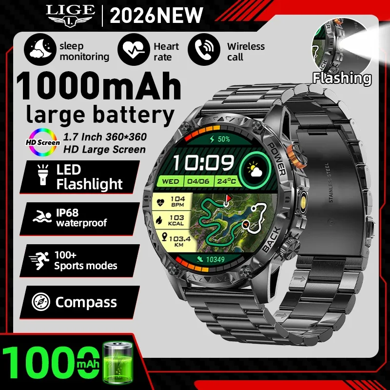 LIGE New Military For T-Rex 3 Ultra Smart Watch 1000mAh Battery IP68 Waterproof Compass Flashlight Sports Tracker Smartwatch Men