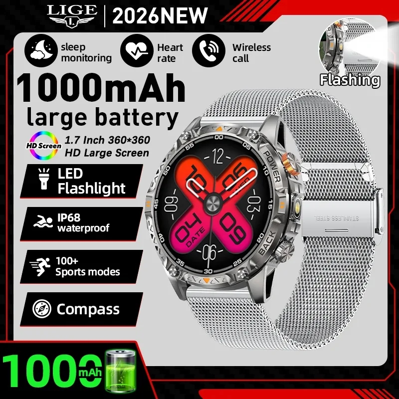 LIGE New Military For T-Rex 3 Ultra Smart Watch 1000mAh Battery IP68 Waterproof Compass Flashlight Sports Tracker Smartwatch Men
