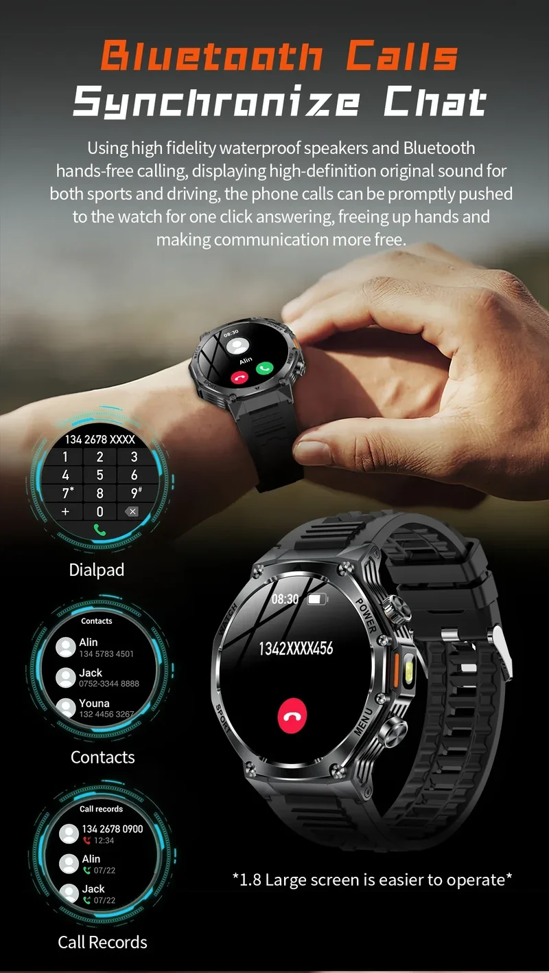 2026 800mAh Super Capacity Battery Adult Men Smart Watch 1.8-inch Large Screen Bluetooth Call IP68 Waterproof SmartWatch Sports