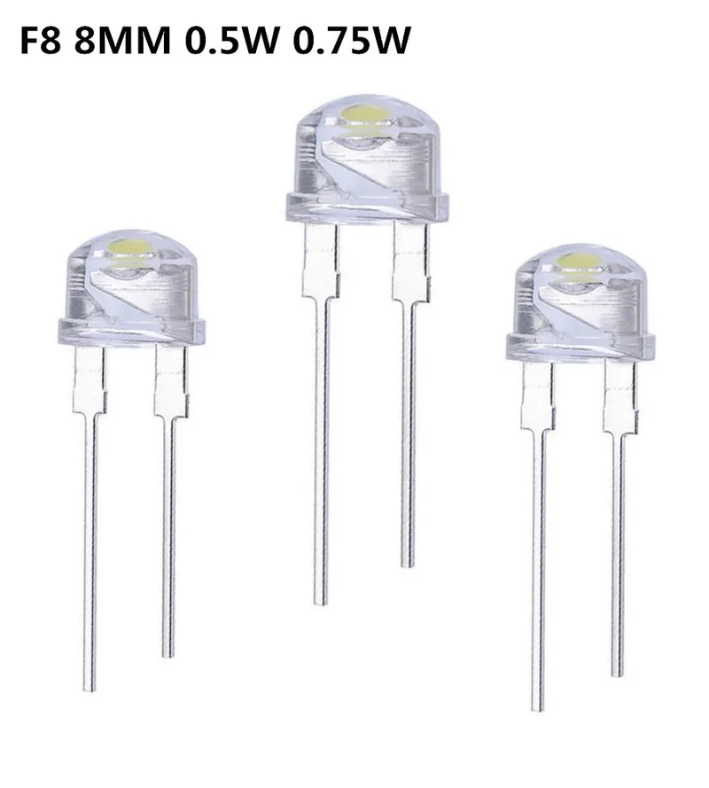 20PCS 100PCS LED 8mm Straw Hat Lamp Bead are White Cold Light 0.5W 0.75W Big chips F8MM Hight Power Hat Light-emitting Diode