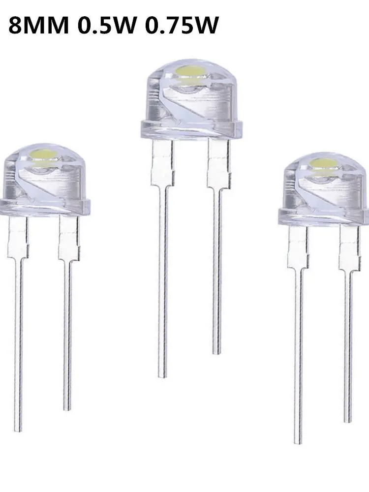 20PCS 100PCS LED 8mm Straw Hat Lamp Bead are White Cold Light 0.5W 0.75W Big chips F8MM Hight Power Hat Light-emitting Diode