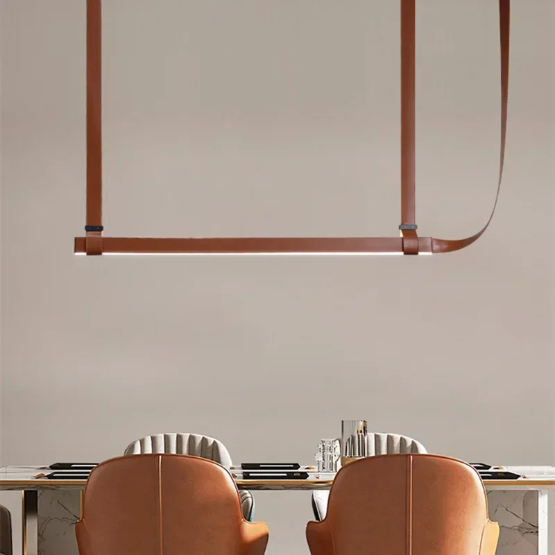 Minimalist LED Leather Pendant Chandelier Dining Table Hanging Lamp Office Pendant Lamp For Hotel Chandeliers Belt Home Decor
