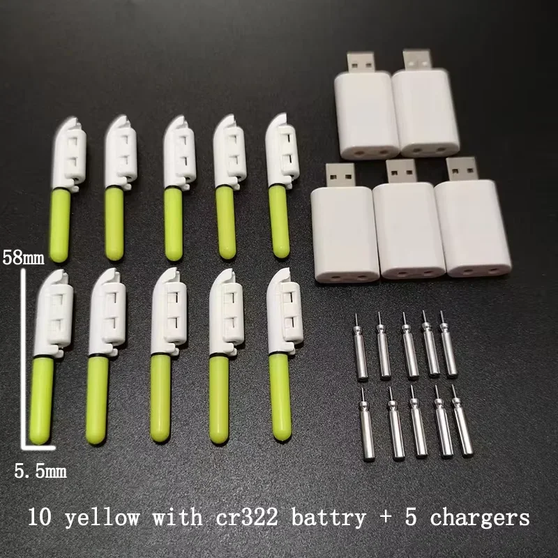 10 pcs/lot Electronic Light Stick With 10 Rechargeable Battery CR322 / CR425 Clip on Fishing Rod Glowing Lamp Night Fishing D001