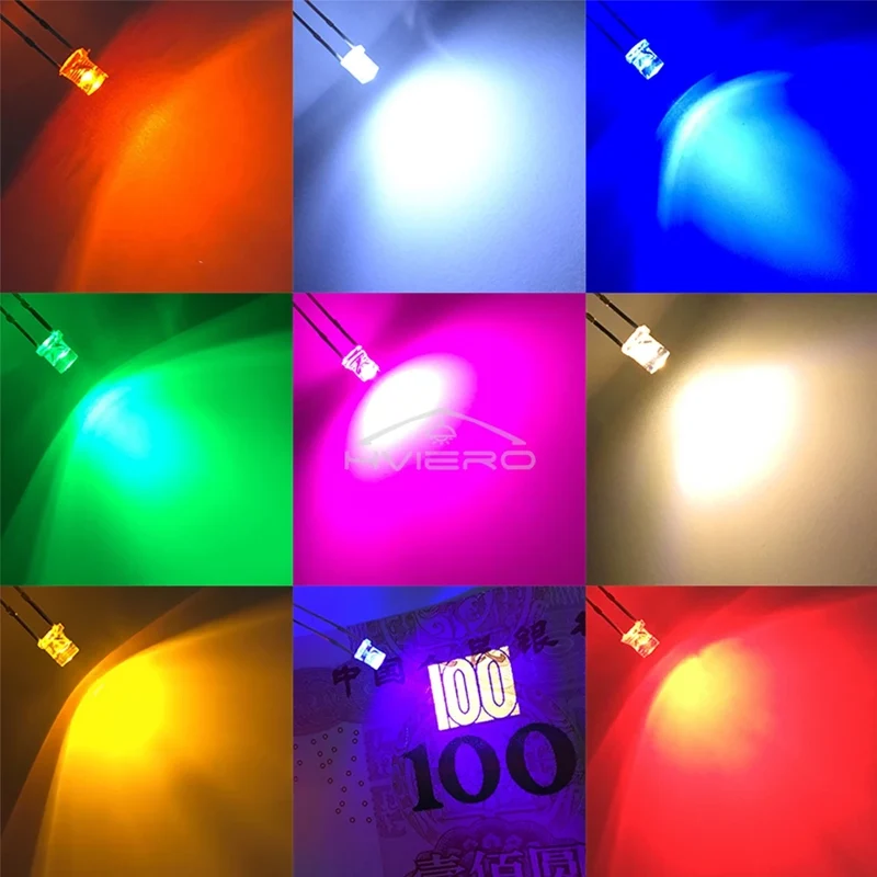100pcs F3 3mm Flat Led Ultra Bright Diodes Wide Angle Light Emitting Bulbs Signage Decoration Advertising Lamp Ambient Building