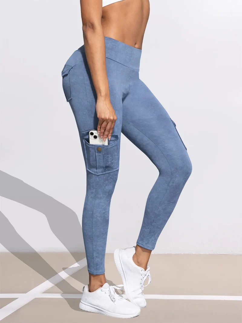 1/3 PCS Washed Print Work Pocket Women Leggings Elastic Butt Lifting Fitness Tights 2025 New Athletic Pants Fashion Streetwear