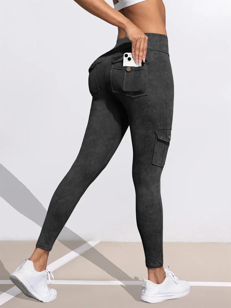 1/3 PCS Washed Print Work Pocket Women Leggings Elastic Butt Lifting Fitness Tights 2025 New Athletic Pants Fashion Streetwear