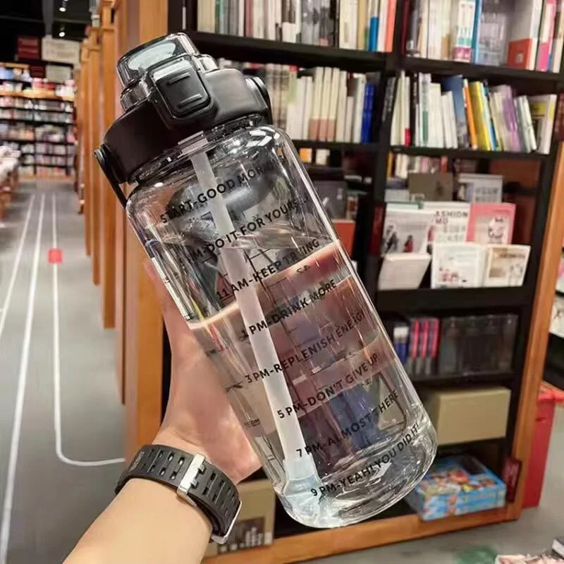 2 Liter Water Bottle with Straw Female Jug Girls Portable Travel bottles Fitness Bike Cup Summer Cold Water Jug with Time Marker