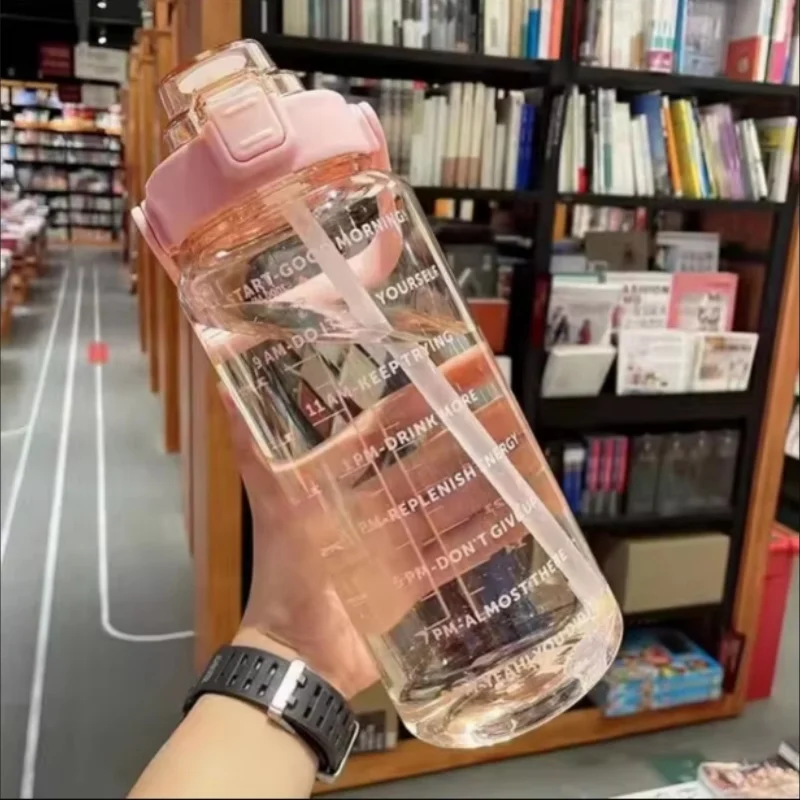 2 Liter Water Bottle with Straw Female Jug Girls Portable Travel bottles Fitness Bike Cup Summer Cold Water Jug with Time Marker