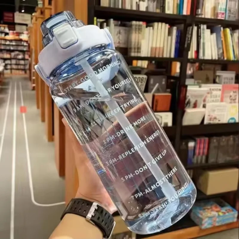 2 Liter Water Bottle with Straw Female Jug Girls Portable Travel bottles Fitness Bike Cup Summer Cold Water Jug with Time Marker