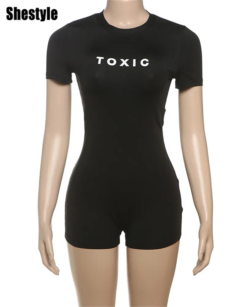 Shestyle Letter Printing Toxic Black Playsuit Women Short Sleeve Back Zipper Crew Neck Skinny Exercise Hipster Outfit Fitness