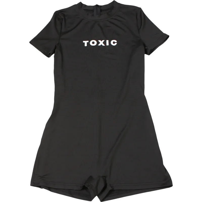 Shestyle Letter Printing Toxic Black Playsuit Women Short Sleeve Back Zipper Crew Neck Skinny Exercise Hipster Outfit Fitness