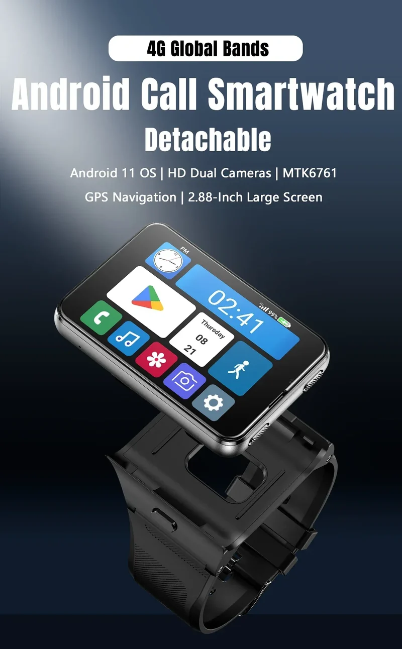 S999 4G LTE Smart Watch Android 11.0 OS 4GB RAM 64GB ROM 2.88" Big Screen 2MP/8MP Dual Camera Quad Core 2300mAh Men Smartwatch