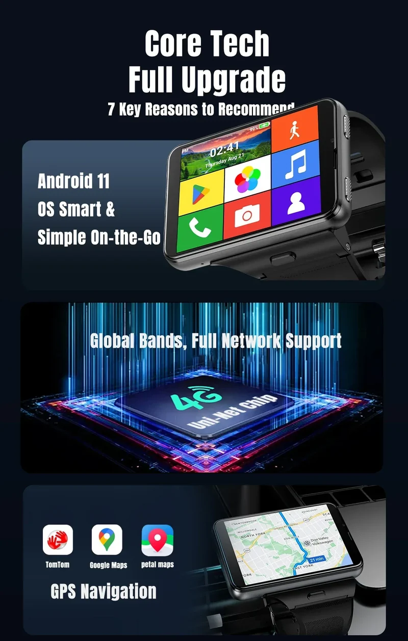 S999 4G LTE Smart Watch Android 11.0 OS 4GB RAM 64GB ROM 2.88" Big Screen 2MP/8MP Dual Camera Quad Core 2300mAh Men Smartwatch