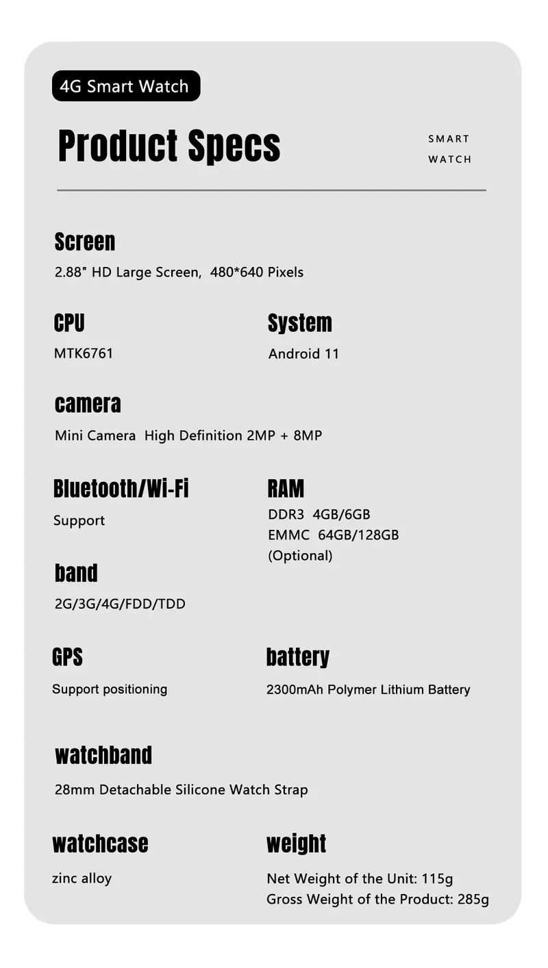 S999 4G LTE Smart Watch Android 11.0 OS 4GB RAM 64GB ROM 2.88" Big Screen 2MP/8MP Dual Camera Quad Core 2300mAh Men Smartwatch