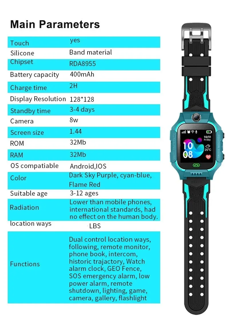 Q19B Children Kids Smart Watch SOS Phone Call Location Tracker Anti-Lost Camera Touch Screen Waterproof Student Wristwatch