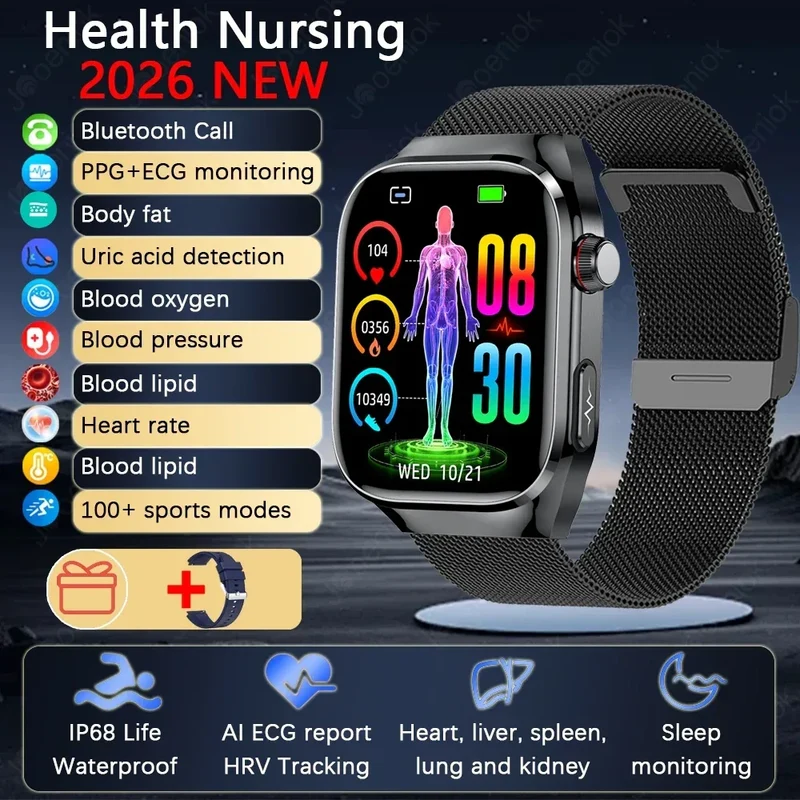 2026 New Professional-Grade Smart Watch Men ECG+PPG Uric Acid Body Fat Health Analysis IP68 Waterproof AMOLED Smartwatch Women