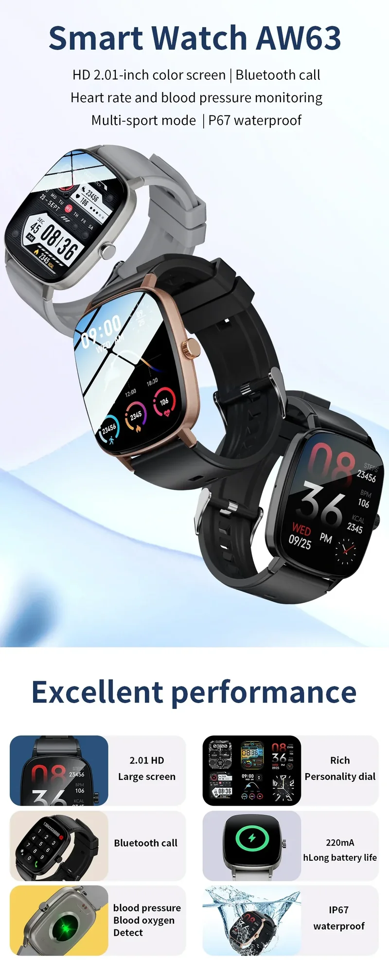 2.01 Inch Aiweile AW63 Smart Watch Men Clock Smartwatch Bluetooth Call Fitness Wristwatch for Android IOS Lightweight PK LT10
