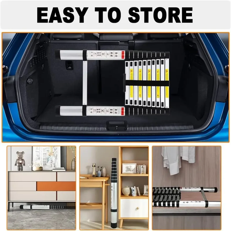 DayPlus 2.6M-5M Telescopic Ladder Sturdy Aluminum Telescoping Extension Ladder 330lb Max Load EN131 for Household Outdoor Work