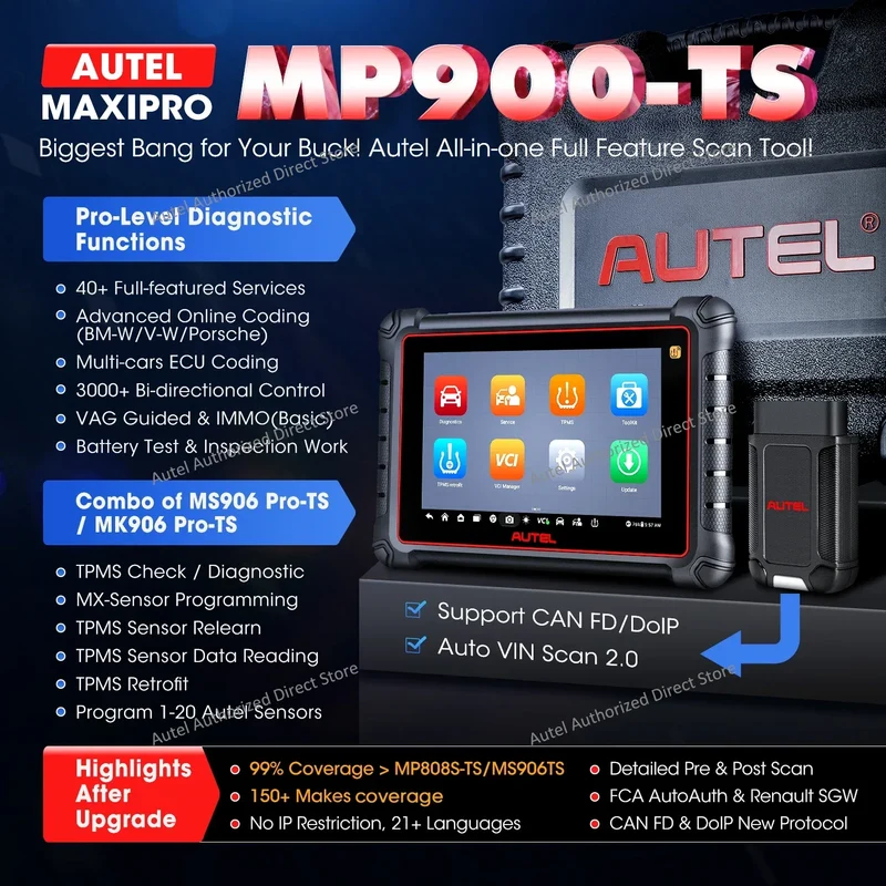 Autel MaxiPRO MP900TS OBD2 Scanner TPMS Diagnostic Tool ECU Coding, Active Test, 40+ Services, CAN FD&DOIP Upgraded of MK808S-TS