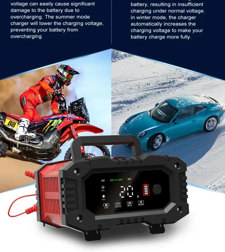 Portable 20A/10A Car Battery Charger 12V 24V Automatic Motorcycle Truck AGM LiFePO4 Lead Acid Start Stop Battery with Repair
