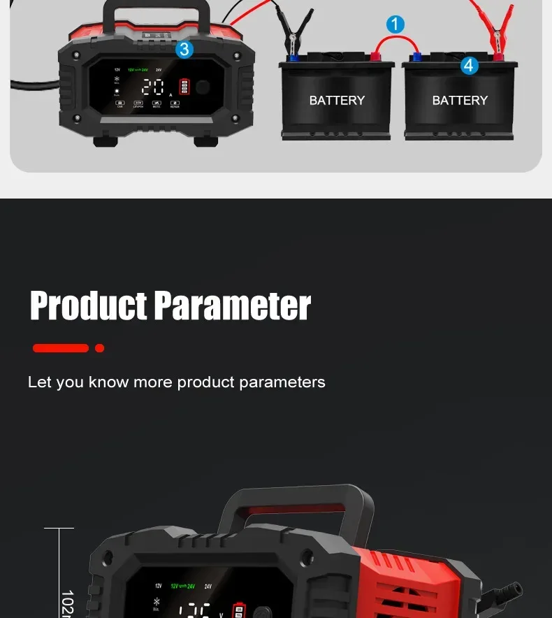 Portable 20A/10A Car Battery Charger 12V 24V Automatic Motorcycle Truck AGM LiFePO4 Lead Acid Start Stop Battery with Repair