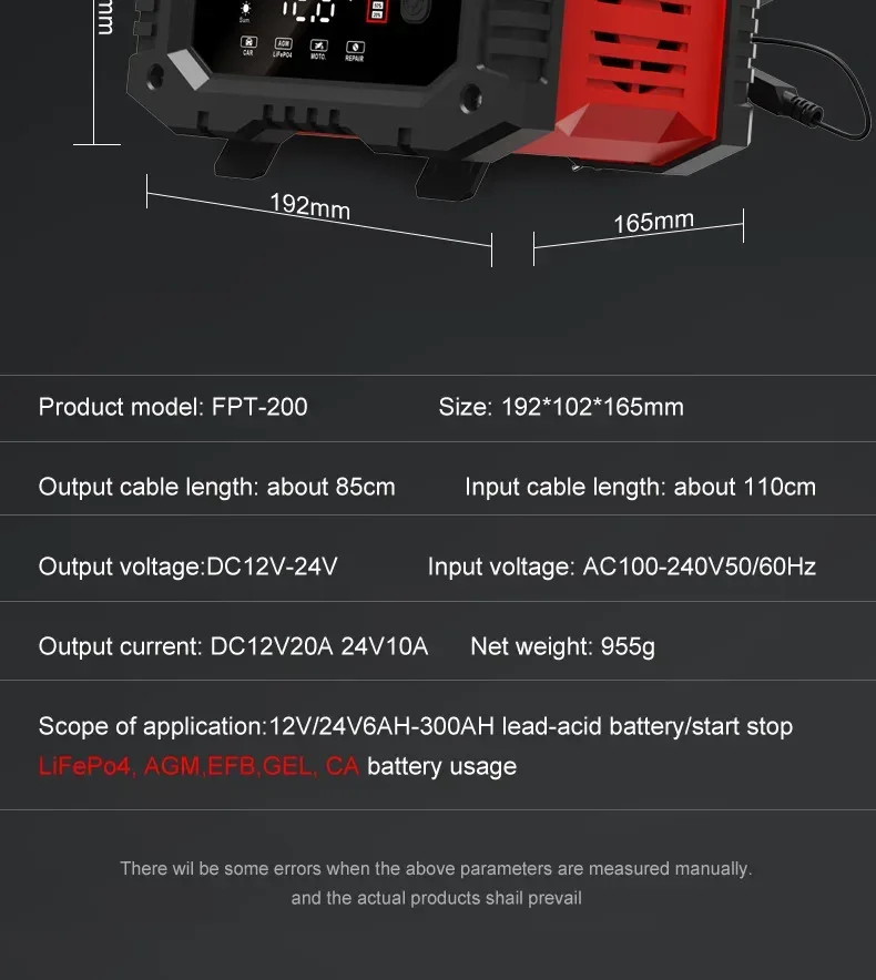 Portable 20A/10A Car Battery Charger 12V 24V Automatic Motorcycle Truck AGM LiFePO4 Lead Acid Start Stop Battery with Repair