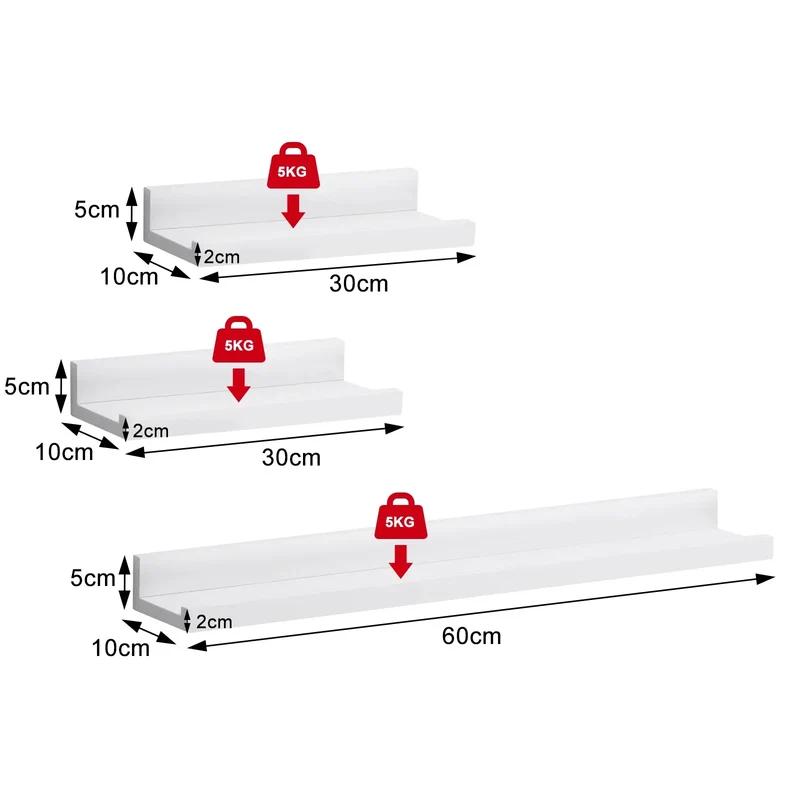 3PCS/Set White Floating Hanging Wall Shelf MDF Picture Magazine Photo Storage Shelf for Living Room Kitchen Bedroom Office