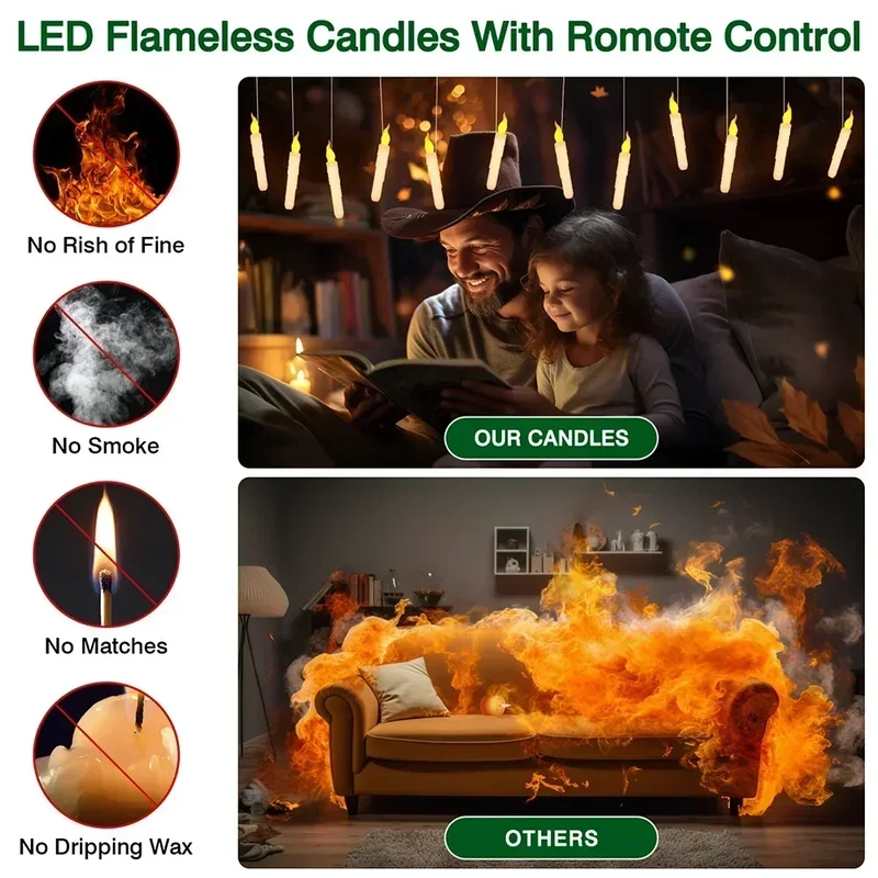 Floating LED Candles with Magic Wand Remote Control Flameless Remote Taper Electronic Candle Christmas Party Decor Candle Lights