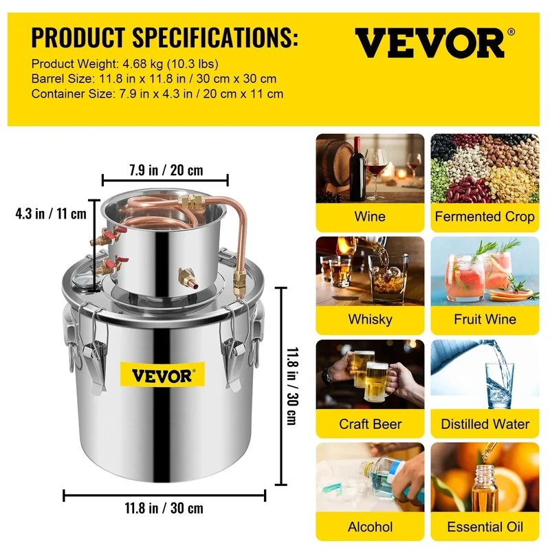 SucceBuy 3 5 8 13 Gal Distiller Alambic Alcohol Still Stainless Copper DIY Home Brew Water Wine Essential Oil Brewing Kit