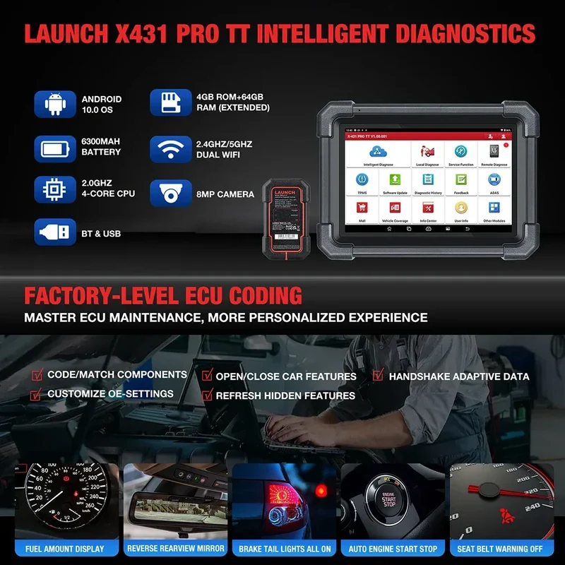 LAUNCH X431 PRO TT Car Diagnostic Tool OBD2 Scanner Full Systems ECU Coding Active Test VAG Guided DBScar VII ADAS Calibration