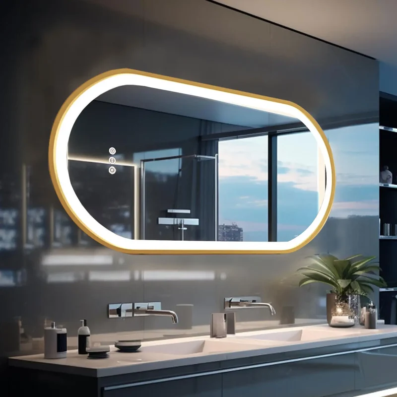 LED Bathroom Mirror Oval Illuminated Wall Mirror Aluminum Gold Frame Memory Anti-fog 3 Changeable Color, IP56 800/1000/1200MM