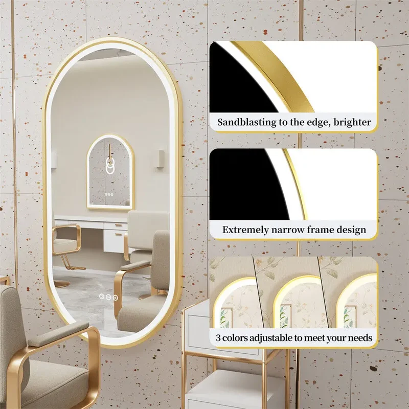 LED Bathroom Mirror Oval Illuminated Wall Mirror Aluminum Gold Frame Memory Anti-fog 3 Changeable Color, IP56 800/1000/1200MM