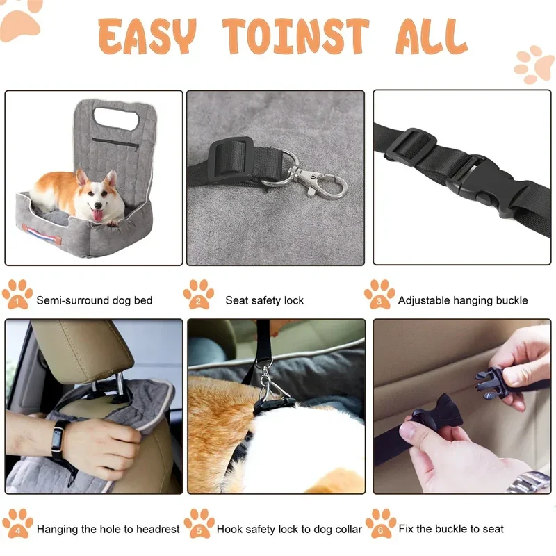 Dog Car Seat Bed Pet Booster Car Seat Travel Carrier with Safety Belt Adjustable Strap Car Seat Protector Cushion Waterproof