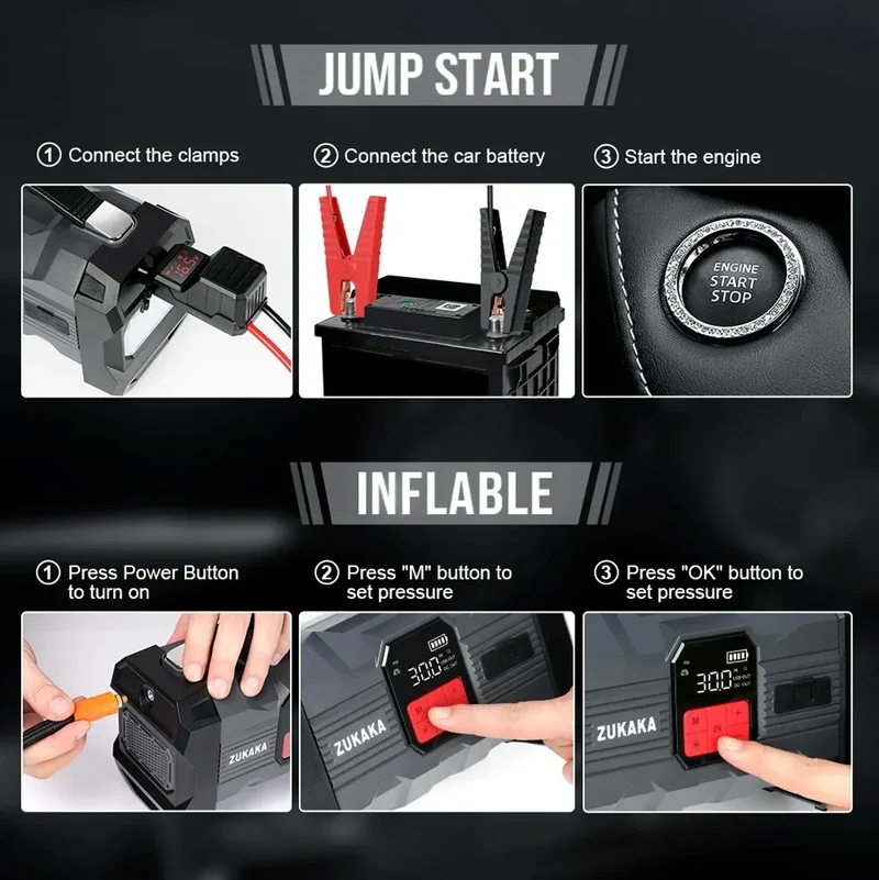 26800mAh Jump Starter with Air Compressor 4000A Booster Tyre Inflator Portable Car Battery Power Bank Charger Air Pump
