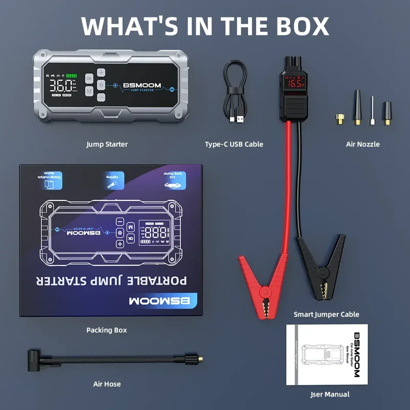 26800mAh Jump Starter with Air Compressor 4000A Booster Tyre Inflator Portable Car Battery Power Bank Charger Air Pump