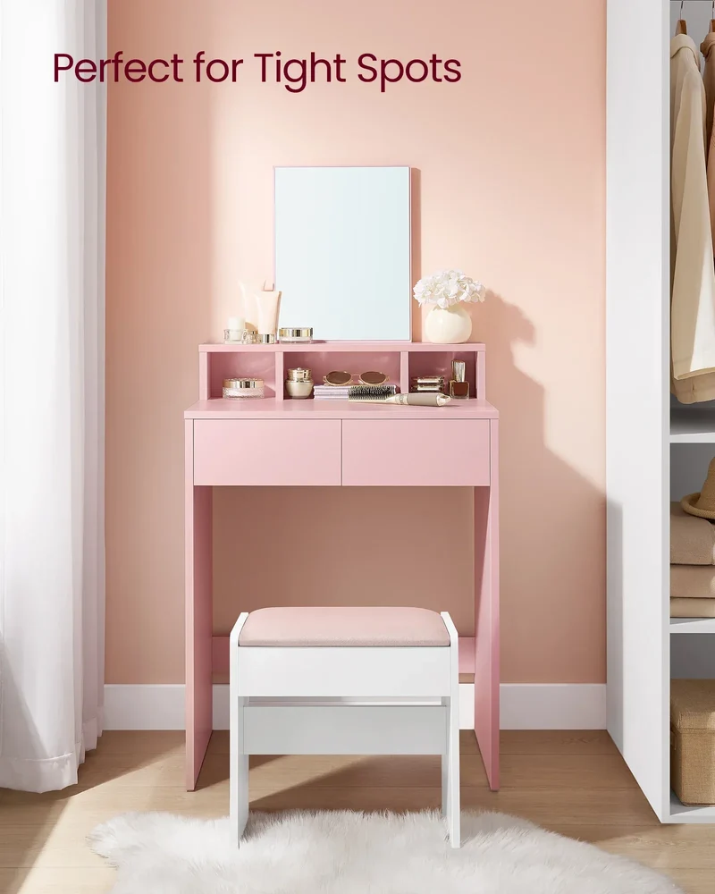 VASAGLE Dressing Table with Large Rectangular Mirror, Vanity Table with 2 Drawers and 3 Open Compartments, Vanity Table
