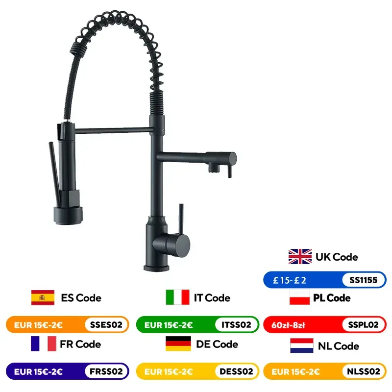 Kitchen Sink Faucet Pull Down Hot and Cold Water Mixer2 Mode Tap with Dual Spout 360 Rotation Flexible Deck Mounted