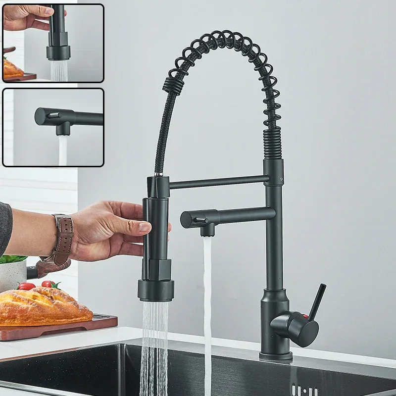 Kitchen Sink Faucet Pull Down Hot and Cold Water Mixer2 Mode Tap with Dual Spout 360 Rotation Flexible Deck Mounted