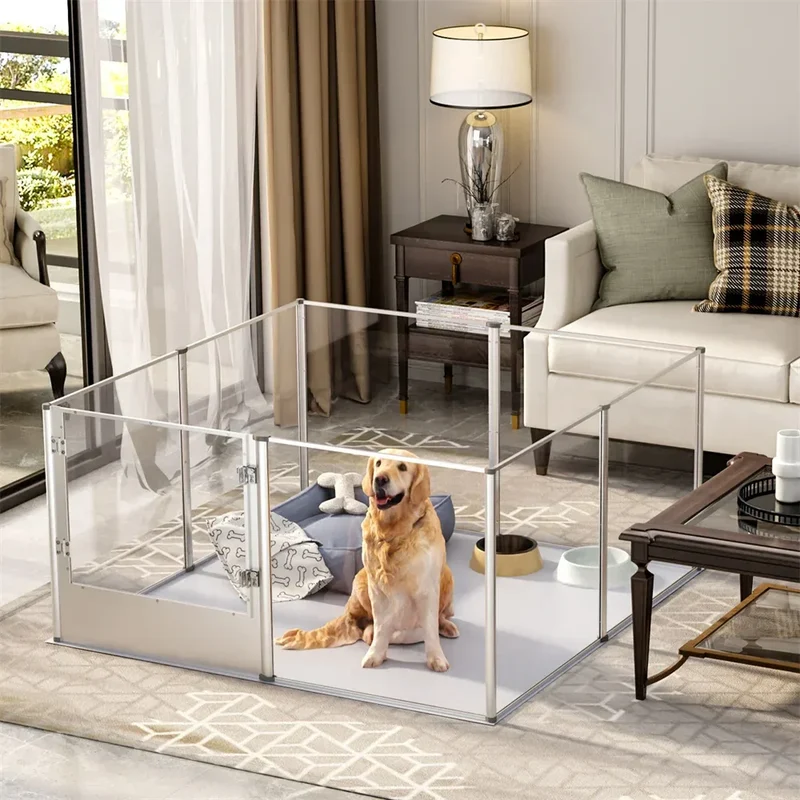 1Pc Large Acrylic Dog Playpen Cage Whelping Pen Box Indoor Enclosure Pet Clear Fence Puppy Playpen with Waterproof Fertility Pad