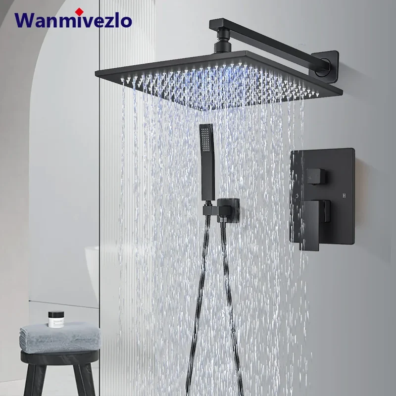 Matte Black LED Bathroom Showe Faucet Rainfall Shower Head Bath Water Faucet Wall Mounted Bathtub Shower Mixer Tap Shower Set