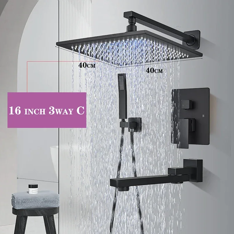 Matte Black LED Bathroom Showe Faucet Rainfall Shower Head Bath Water Faucet Wall Mounted Bathtub Shower Mixer Tap Shower Set