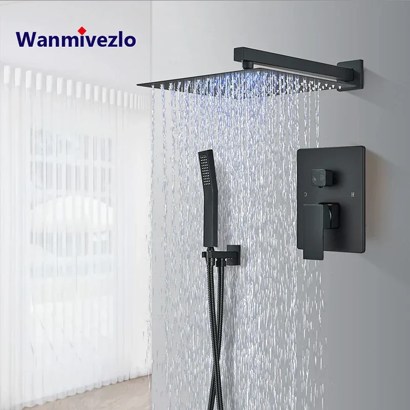 Matte Black LED Bathroom Showe Faucet Rainfall Shower Head Bath Water Faucet Wall Mounted Bathtub Shower Mixer Tap Shower Set