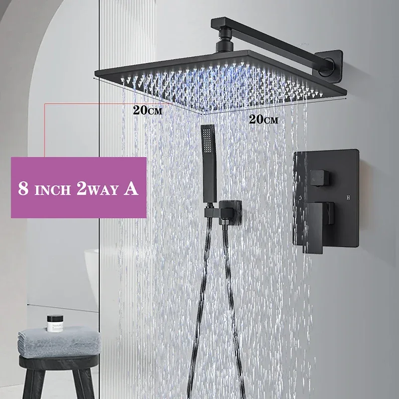 Matte Black LED Bathroom Showe Faucet Rainfall Shower Head Bath Water Faucet Wall Mounted Bathtub Shower Mixer Tap Shower Set