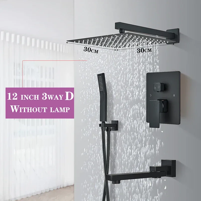 Matte Black LED Bathroom Showe Faucet Rainfall Shower Head Bath Water Faucet Wall Mounted Bathtub Shower Mixer Tap Shower Set