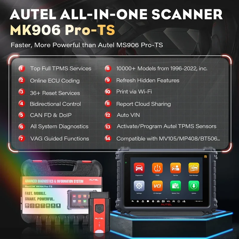 Autel MaxiCOM MK906 Pro-TS Full TPMS Car Diagnostic Scanner Tpms Sensor Programmer CAN FD DoIP ECU Coding Tools PK MK906PRO
