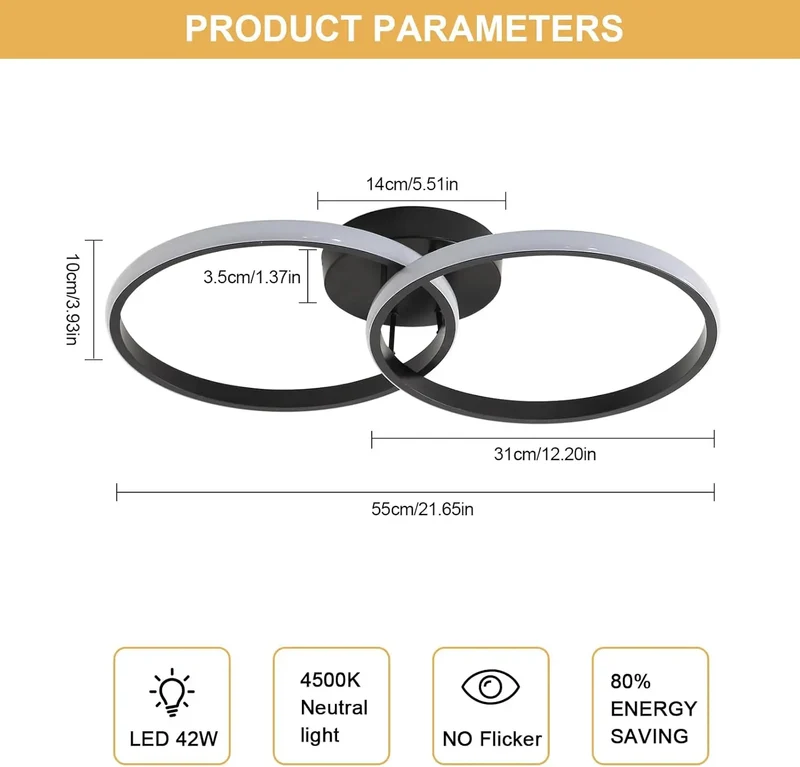 LED Ceiling Light 42W 4000LM,Double Ring LED Ceiling Light,4500K,Modern LED Ceiling Light,Ceiling Lamp for Living Room