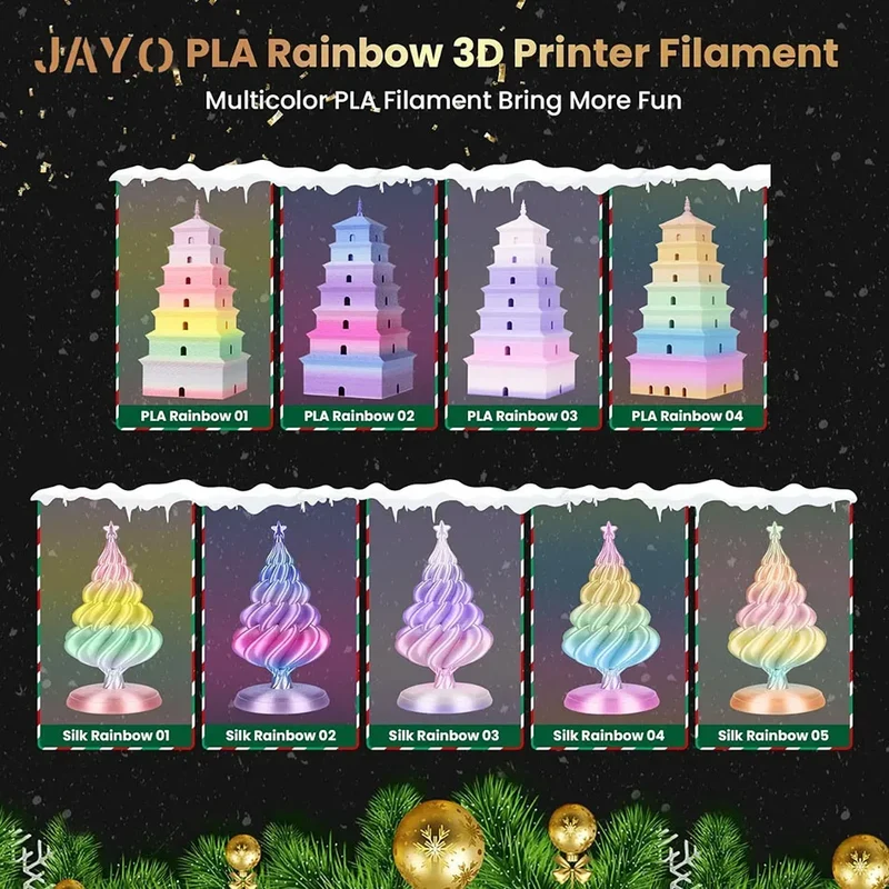JAYO 10Rolls SILK PLA+ 3D Filament 1.75mm SILK PLA Rainbow Filament for FDM 3D Printer SILK Dual & Triple 3D Printing Materials