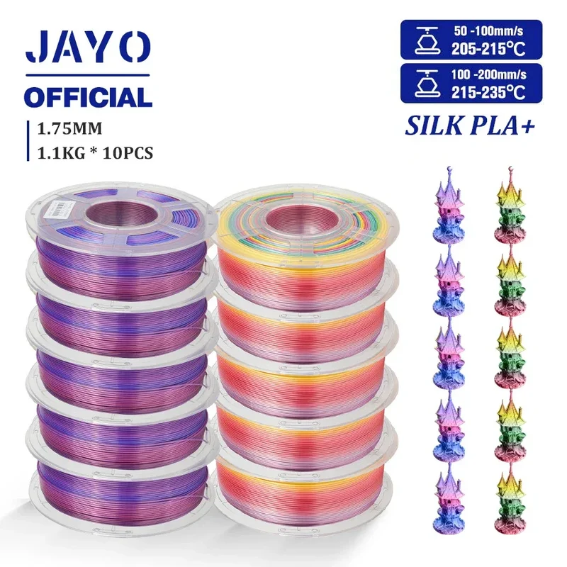 JAYO 10Rolls SILK PLA+ 3D Filament 1.75mm SILK PLA Rainbow Filament for FDM 3D Printer SILK Dual & Triple 3D Printing Materials