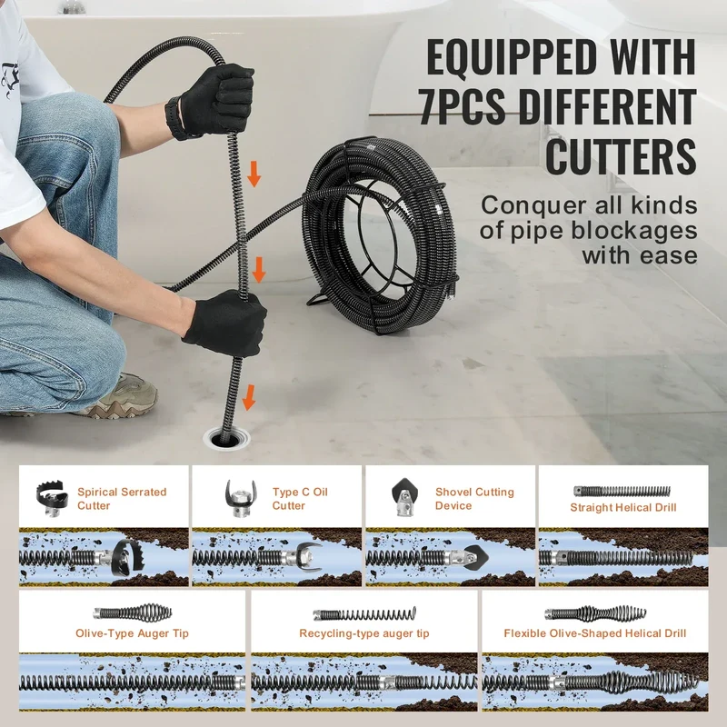 SucceBuy Drain Cleaning Cable Professional Sectional Drain Cleaner Cable Hollow Core Sewer Drain Auger Cable Sink Floor Drain